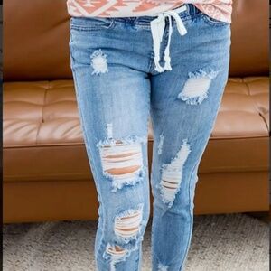 Ripped Drawstring HI-Waist Cropped Jeans, Hem Distressed Stretchy Style M/6